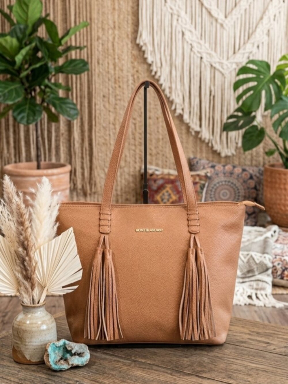 NWT Montana West Select Conceal Carry Tote Bag Tan Pebble Leather Tassel Fringe